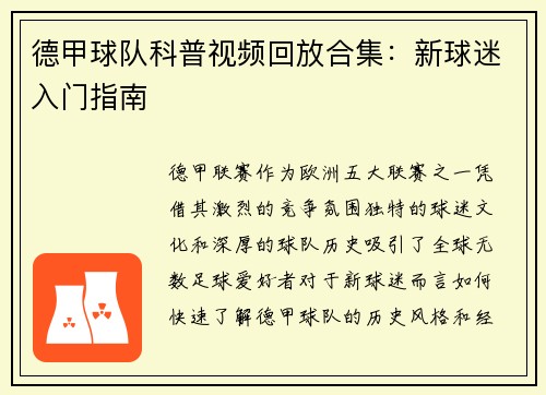 德甲球队科普视频回放合集：新球迷入门指南